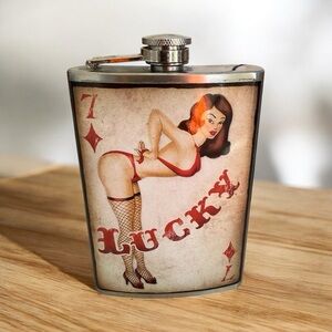 TRIXIE & MILO LUCKY PIN-UP GIRL STAINLESS STEEL FLASK 8 OZ